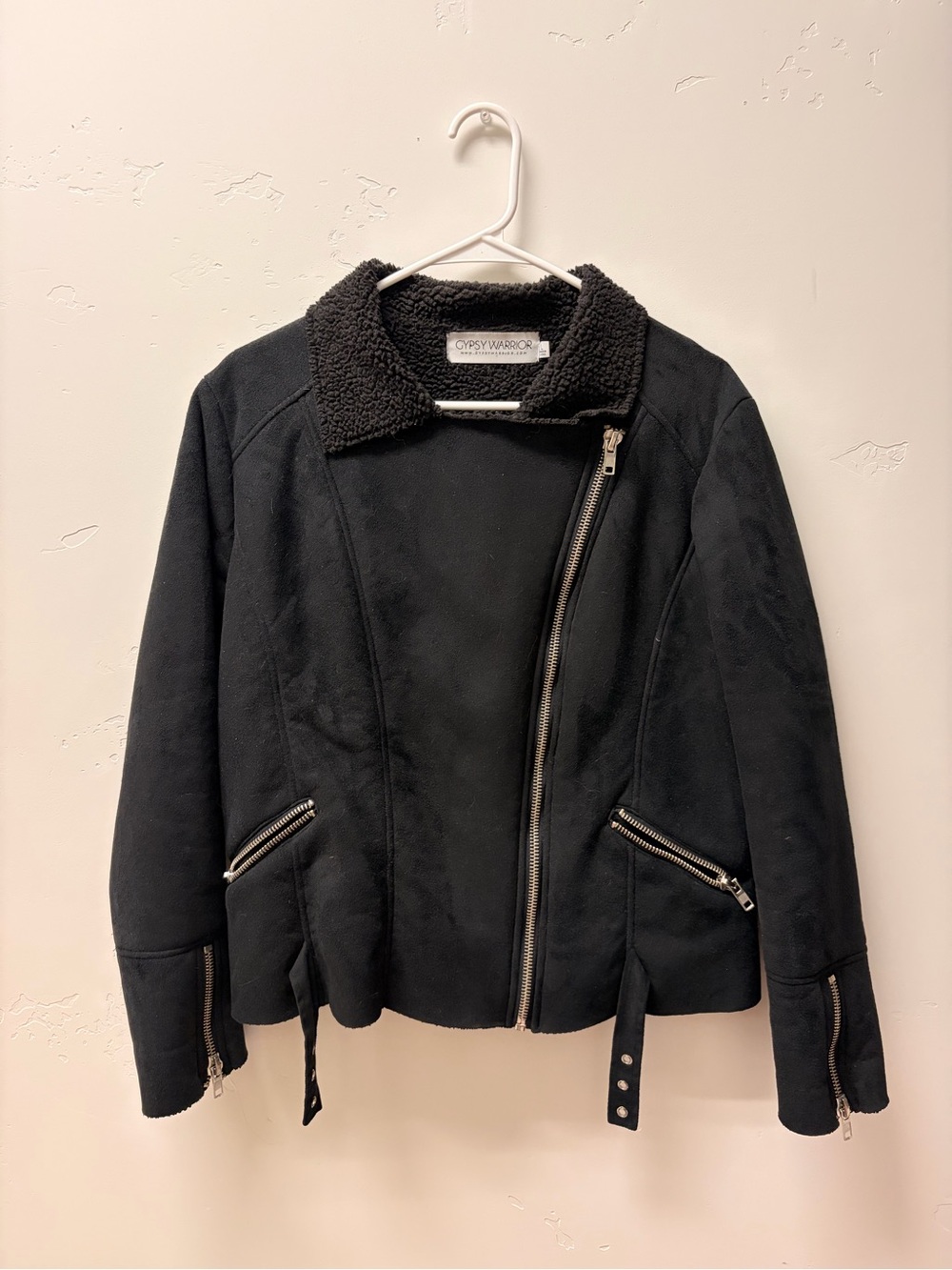 Gypsy Warrior Black Sherpa-Collar Asymmetrical Zip Jacket